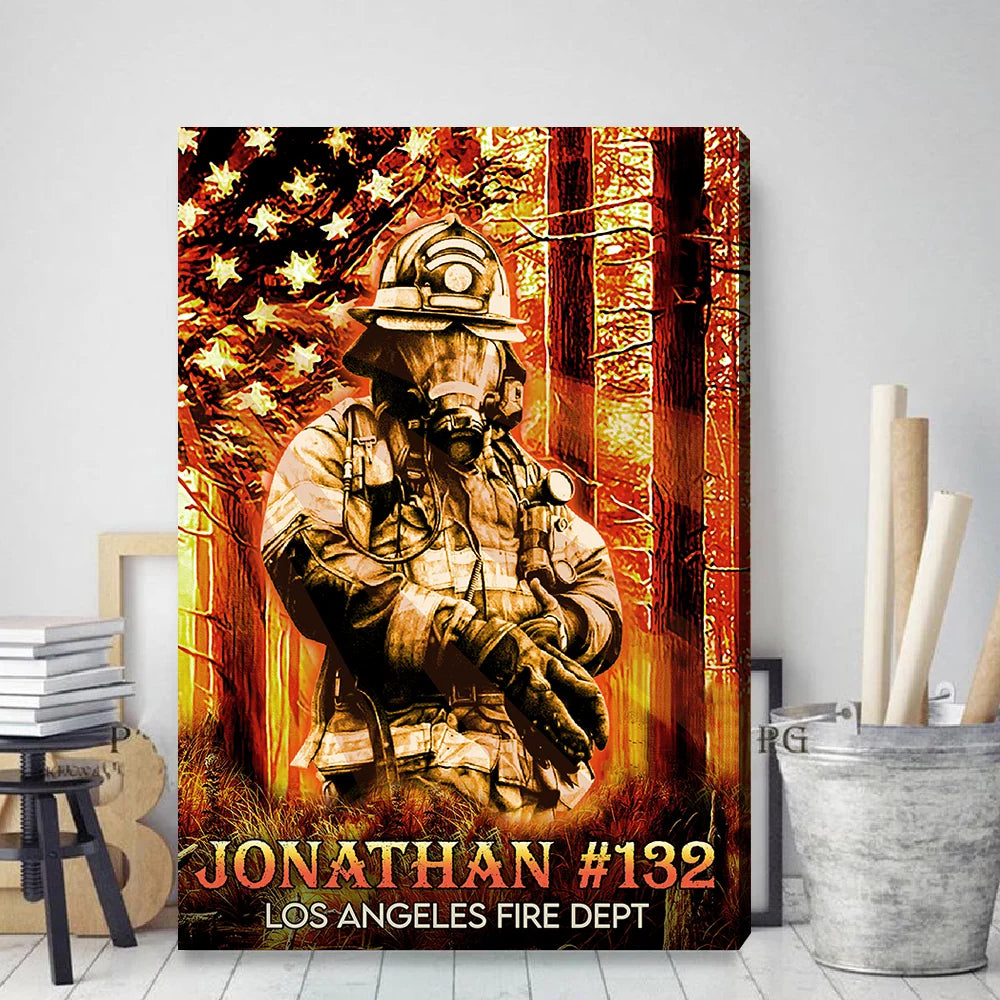 Custom Firefighter American Flag Canvas / Poster - Personalized Fireman Wall Art Gift