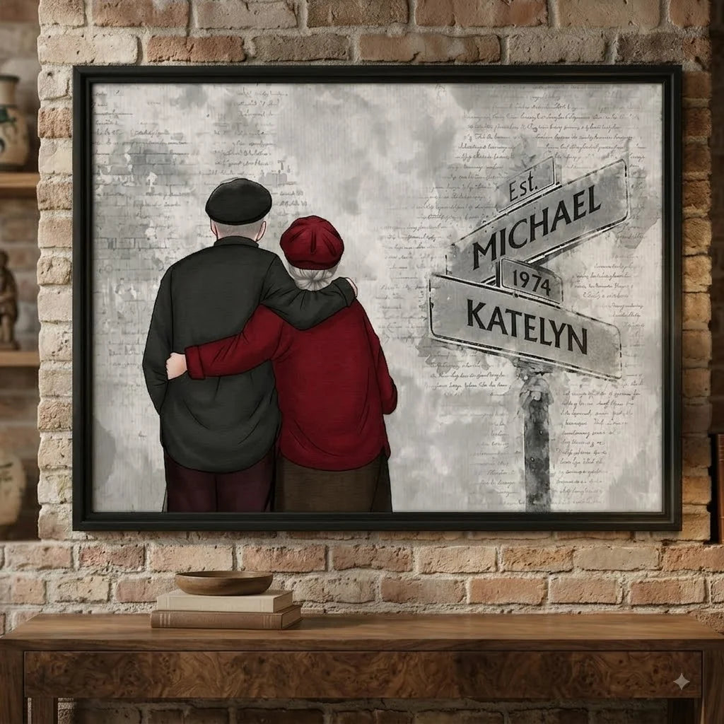 Custom Old Couple Street Sign Canvas / Poster - Personalized Anniversary Wall Art for Couples