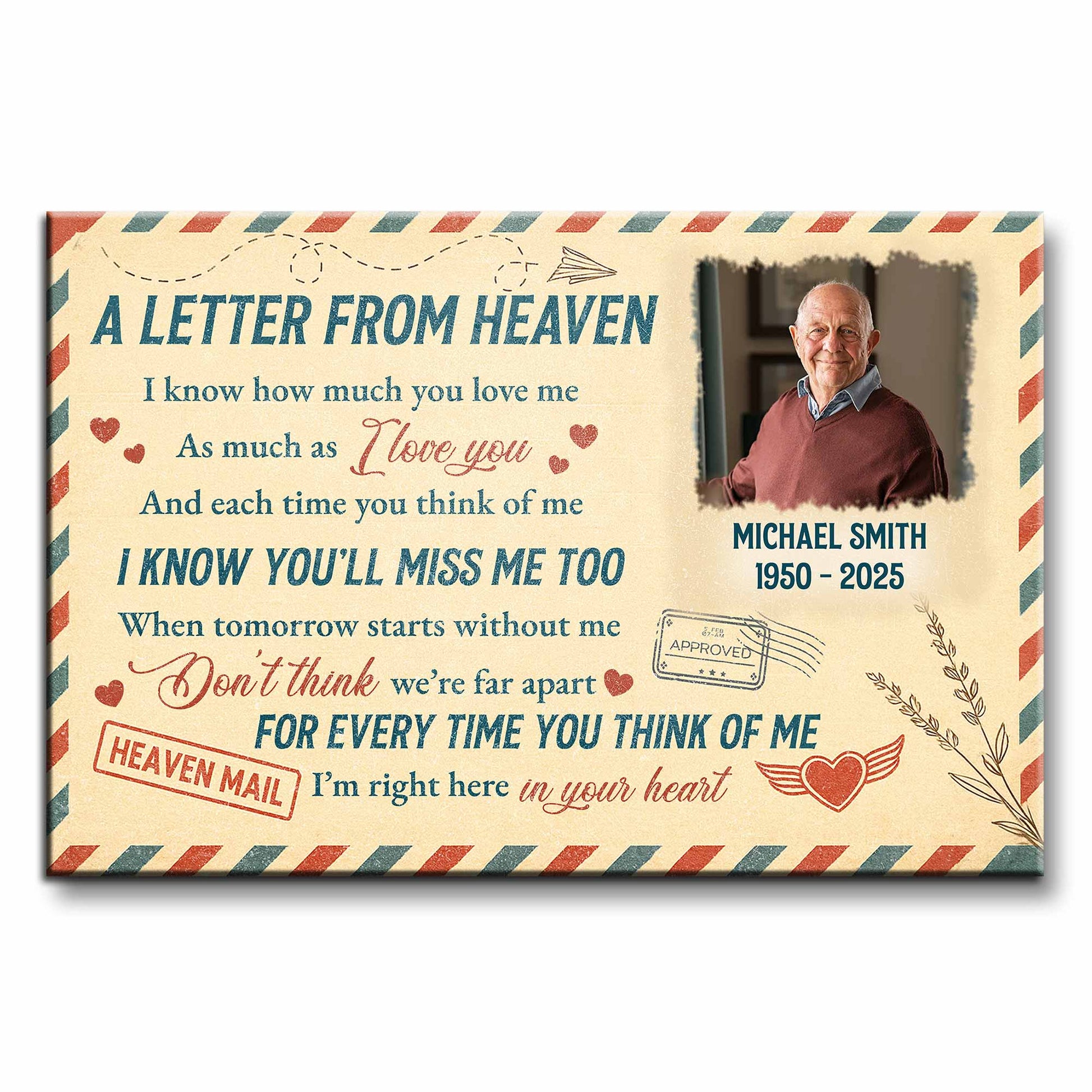 Personalized memorial wall art canvas print featuring custom photo and A Letter From Heaven poem image 6