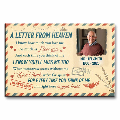 Personalized memorial wall art canvas print featuring custom photo and A Letter From Heaven poem image 6