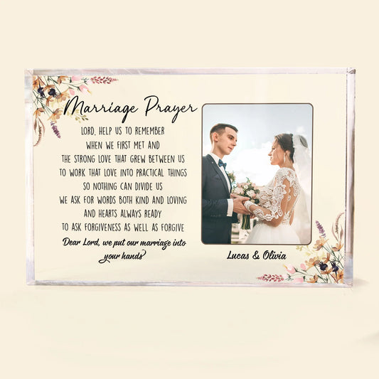 Personalized marriage prayer acrylic photo plaque with custom wedding portrait and names