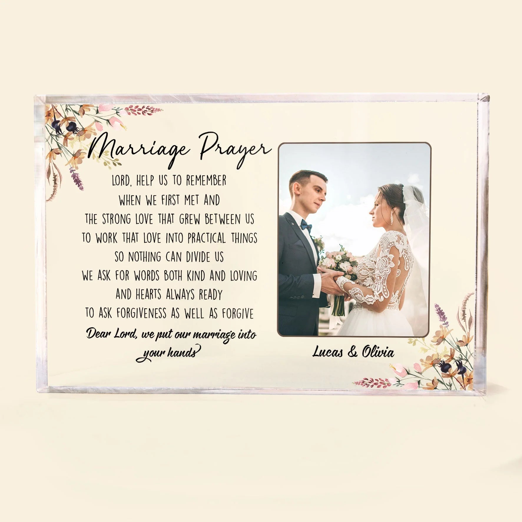 Personalized marriage prayer acrylic photo plaque with custom wedding portrait and names