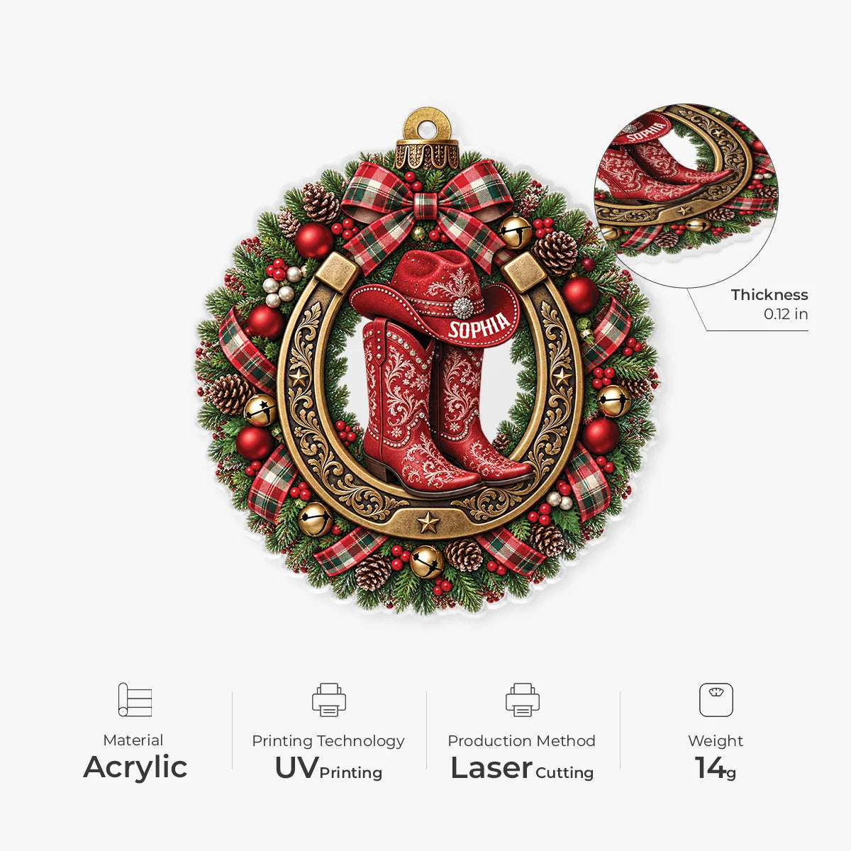 Rustic Cowgirl Boots Wreath Personalized Acrylic Ornament - Custom Christmas Tree Keepsake Gift