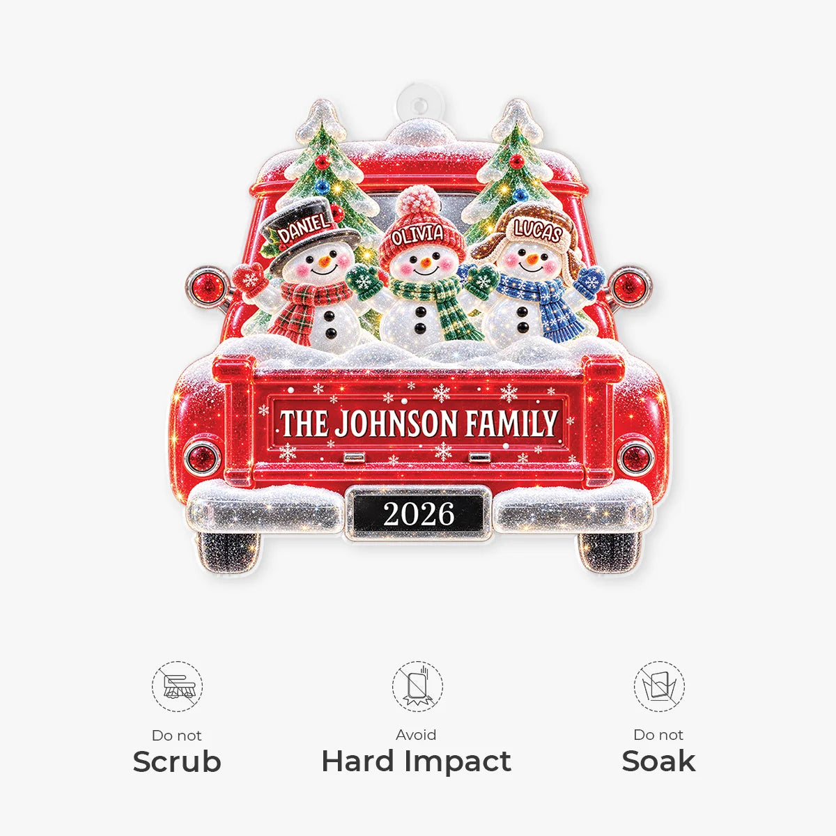 Snowman Family in Red Truck - Personalized Acrylic Ornament for Family Christmas Keepsake