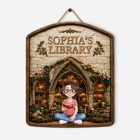 Personalized library wood sign featuring a custom cartoon reader sitting in a cozy book nook