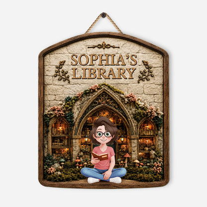 Personalized library wood sign featuring a custom cartoon reader sitting in a cozy book nook