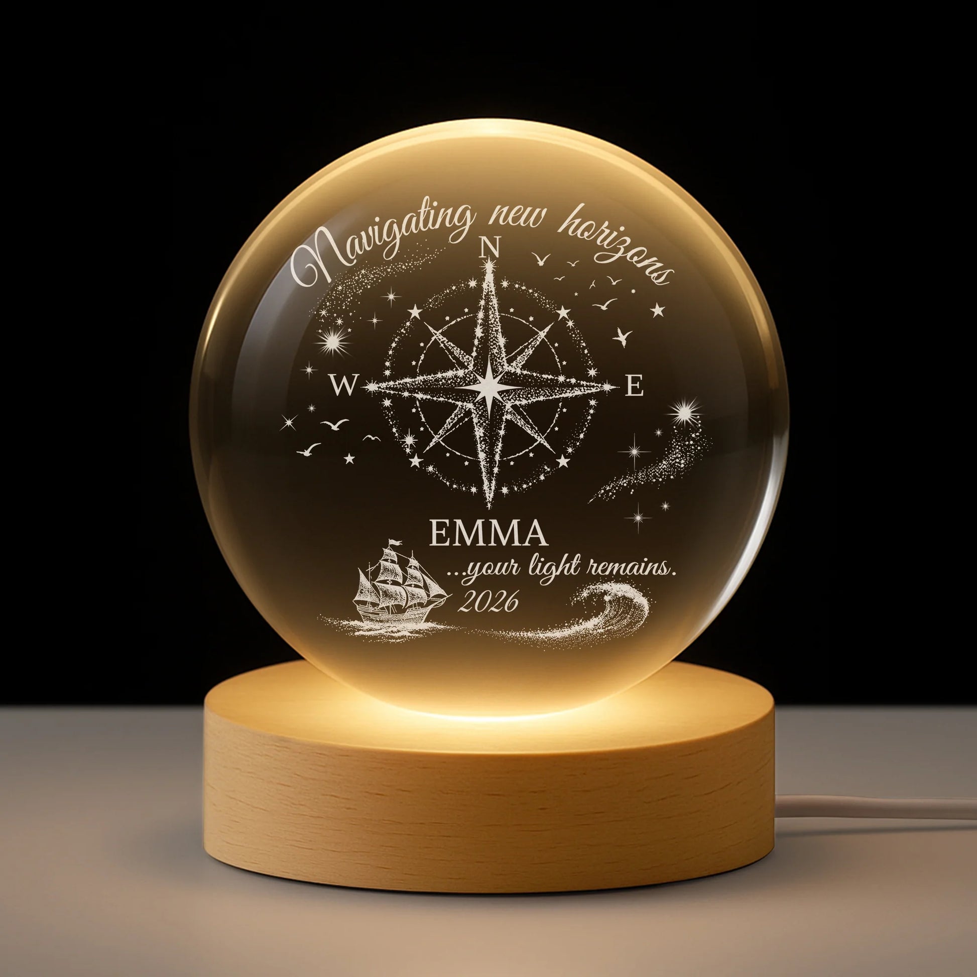 Custom Retirement Crystal Ball Lamp for Mom with personalized design details for meaningful gifting
