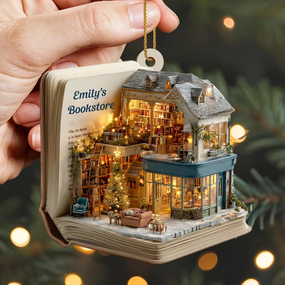 Cozy Bookstore Scene Personalized Wooden Ornament - Book Lovers Custom Holiday Gift