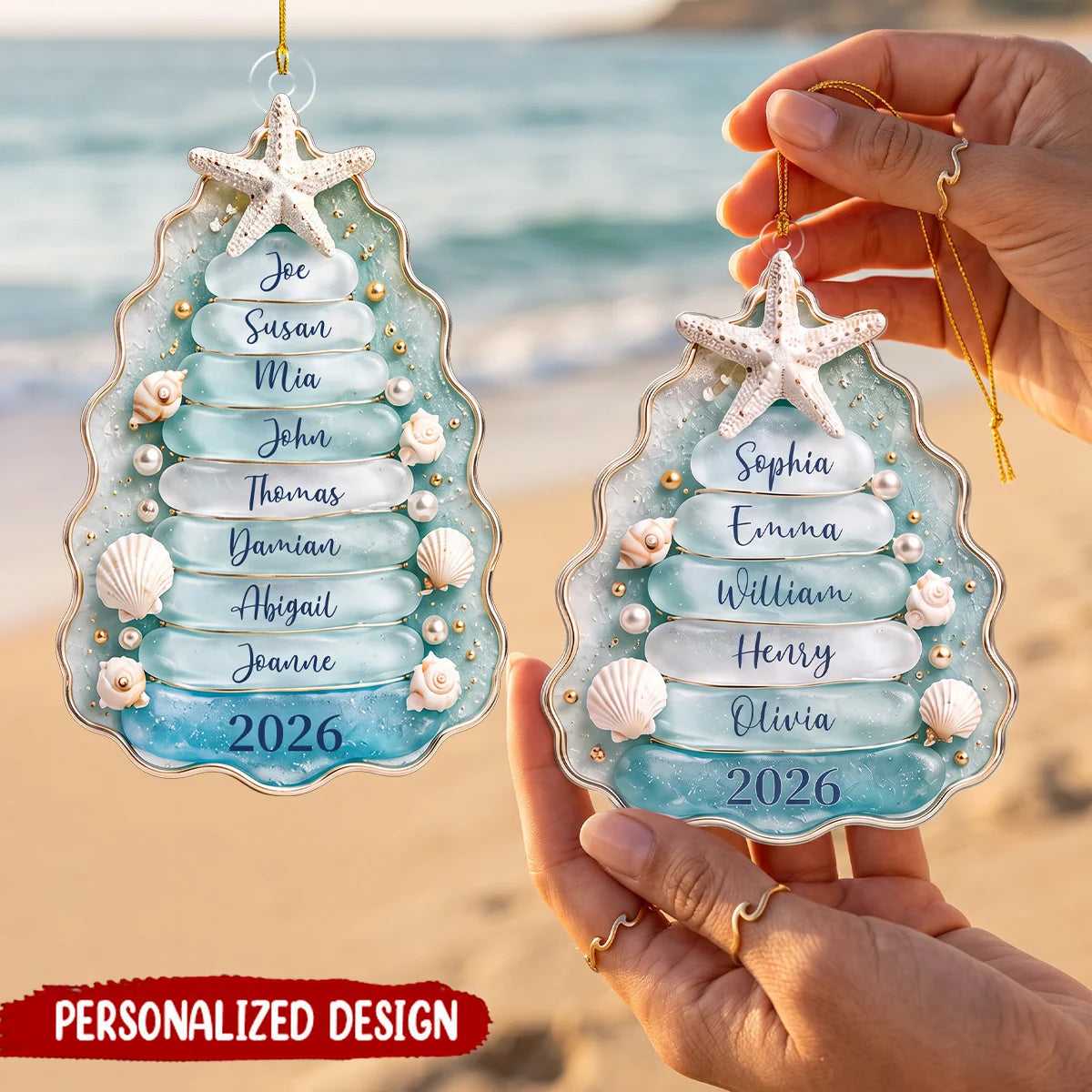 Personalized Sea Glass Family Tree Acrylic Ornament - Custom Coastal Christmas Gift for Family