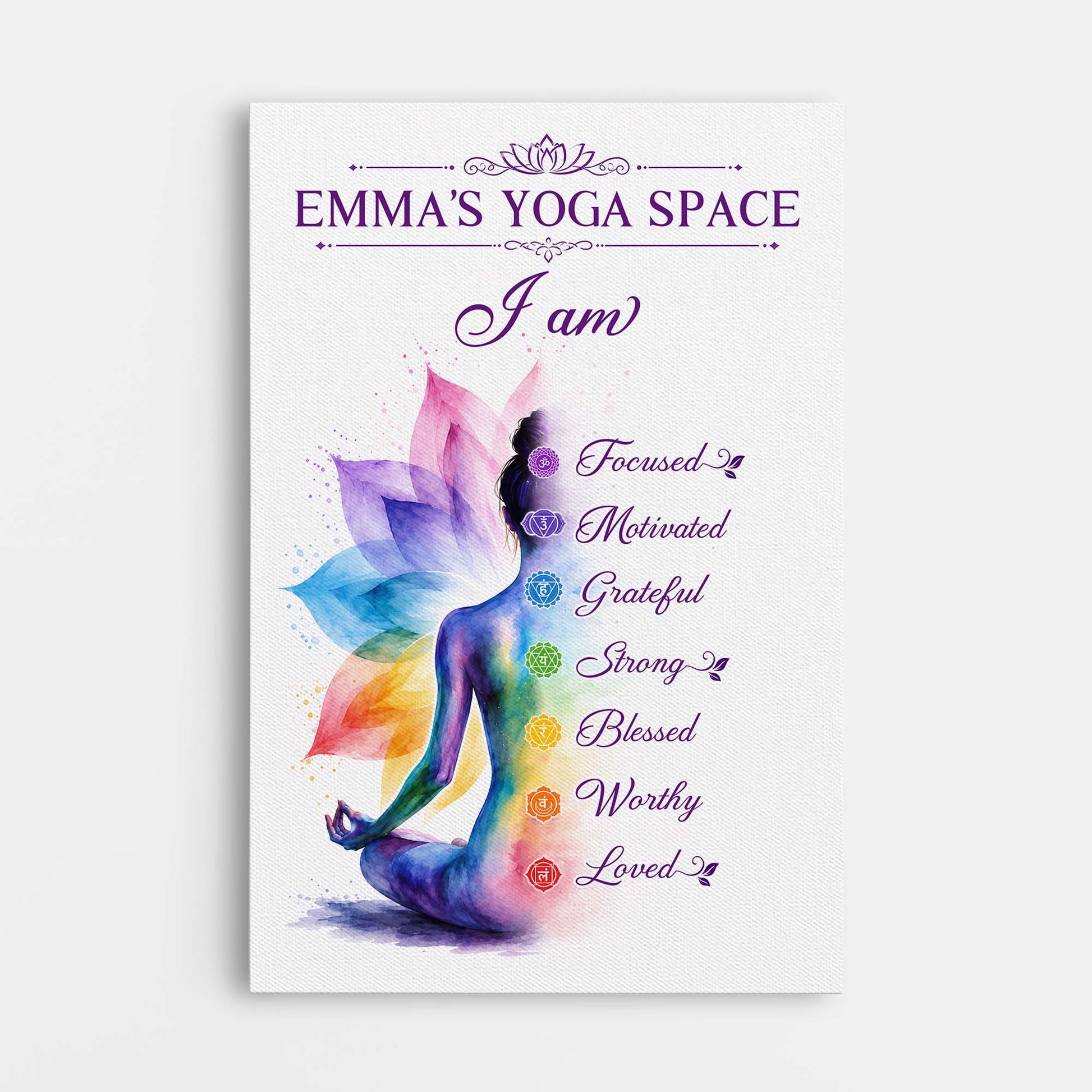 Personalized yoga canvas wall art featuring chakra lotus design for yoga space wall decor