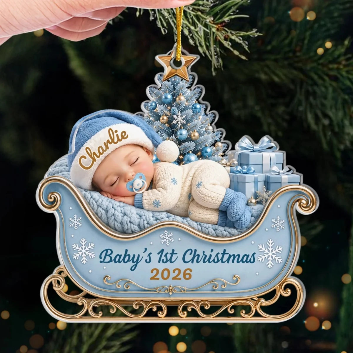 Baby's 1st Christmas Personalized Acrylic Sleigh Ornament - Custom Newborn Holiday Keepsake Gift