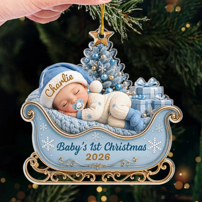 Baby's 1st Christmas Personalized Acrylic Sleigh Ornament - Custom Newborn Holiday Keepsake Gift