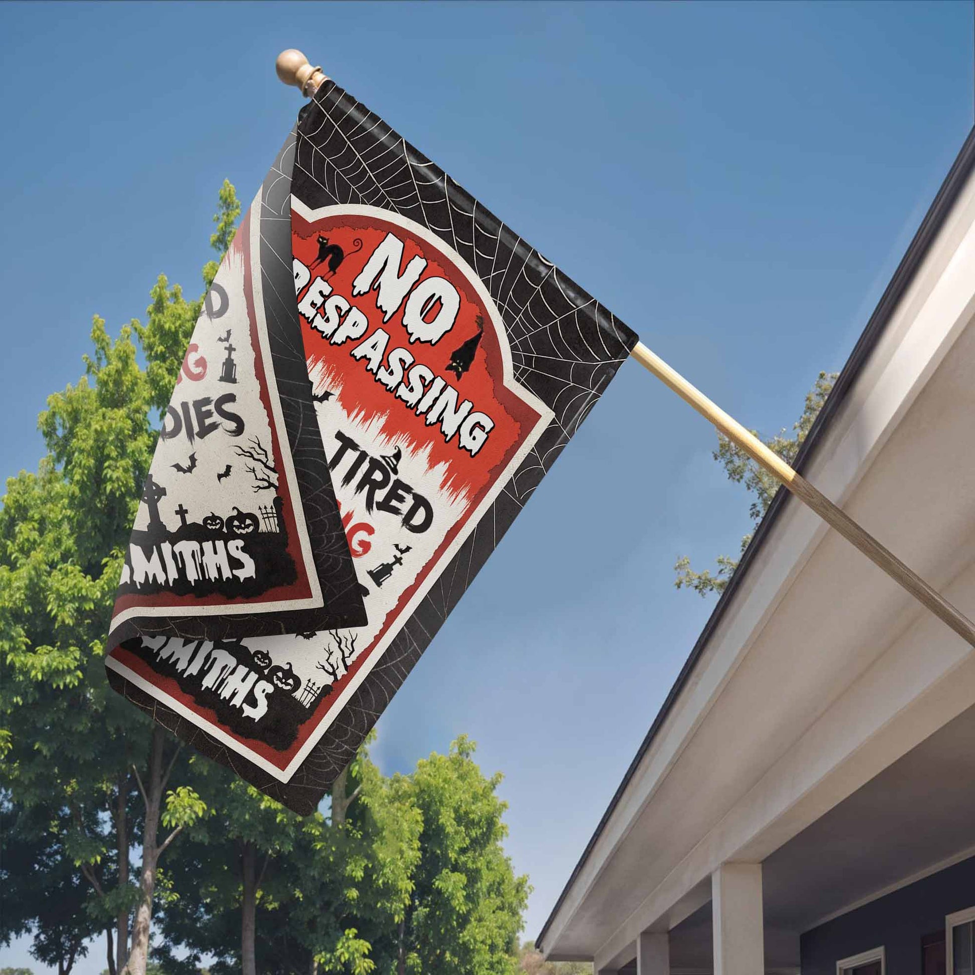 "No Trespassing - Tired of Hiding Bodies" Personalized Garden Flag - Custom Halloween Decor for Family