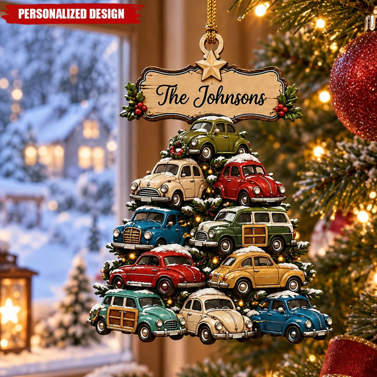 Vintage Car Tree Personalized Wooden Ornament - Retro Christmas Keepsake for Family