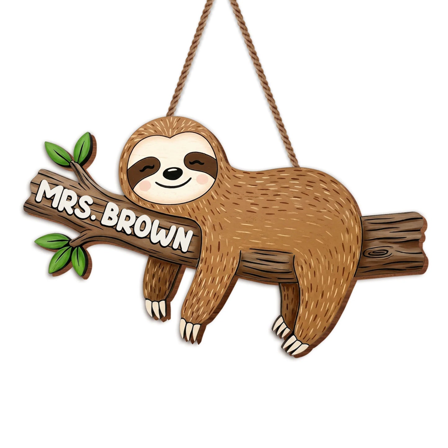Personalized teacher sign with a cute sloth resting on a branch engraved with Mrs. Brown for classroom door decoration image 7