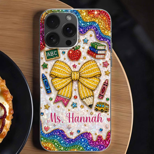 Personalized teacher clear phone case with custom name, glittery pencil bow, and apple print design