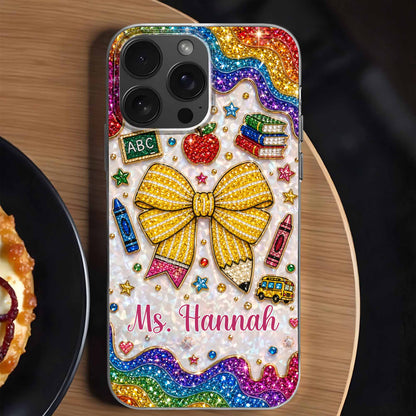 Personalized teacher clear phone case with custom name, glittery pencil bow, and apple print design