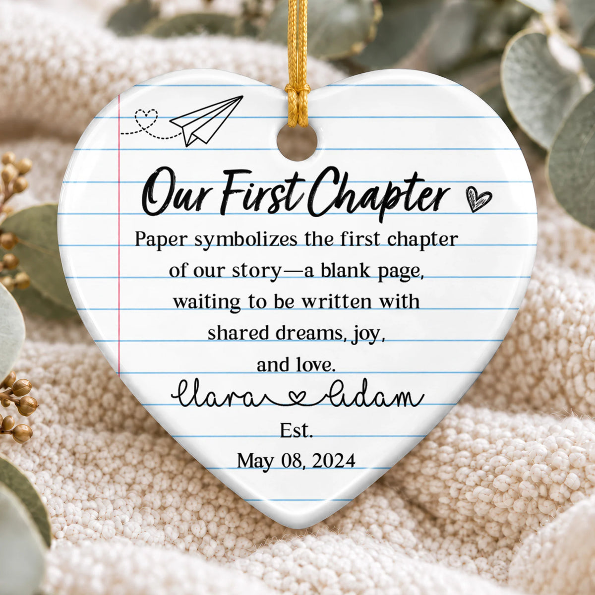 "Our First Chapter" Personalized Wedding Ceramic Ornament - Custom Couple Gift Keepsake