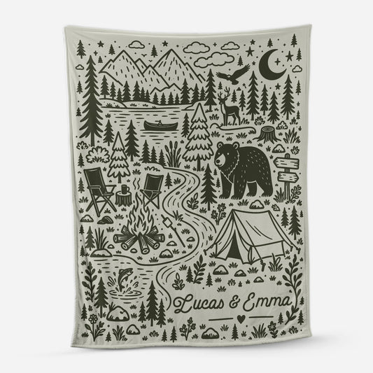 Camping Adventure Personalized Couple Blanket - Custom Names Keepsake Gift for Outdoor Lovers