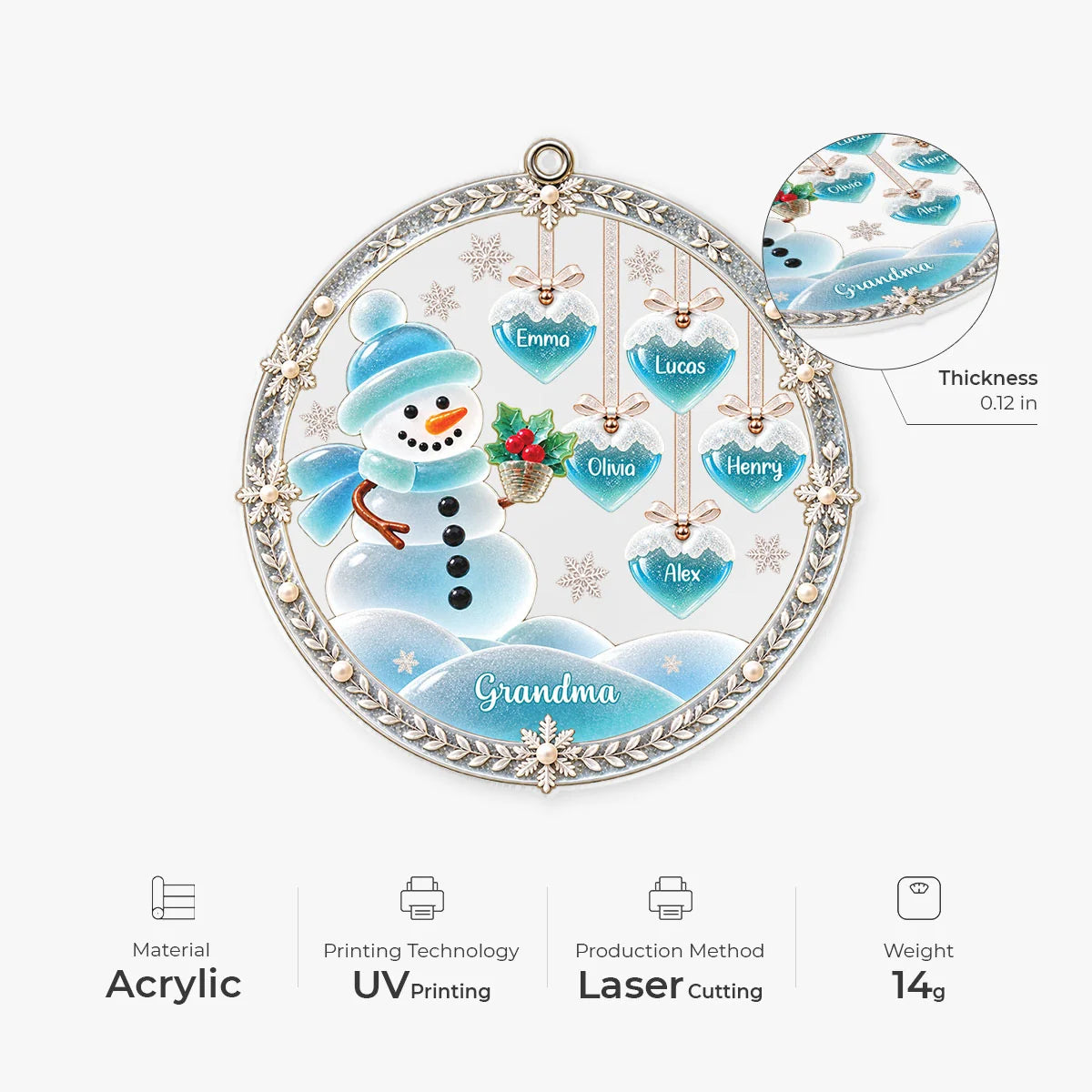 Snowman Family Personalized Acrylic Ornament - Grandma Mom Custom Christmas Gift