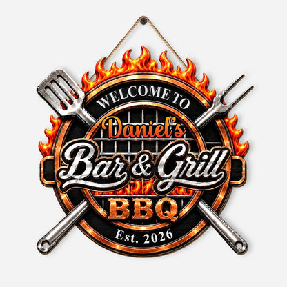 Welcome to BBQ Bar & Grill Personalized Wood Sign - Custom Backyard Outdoor Patio Decor