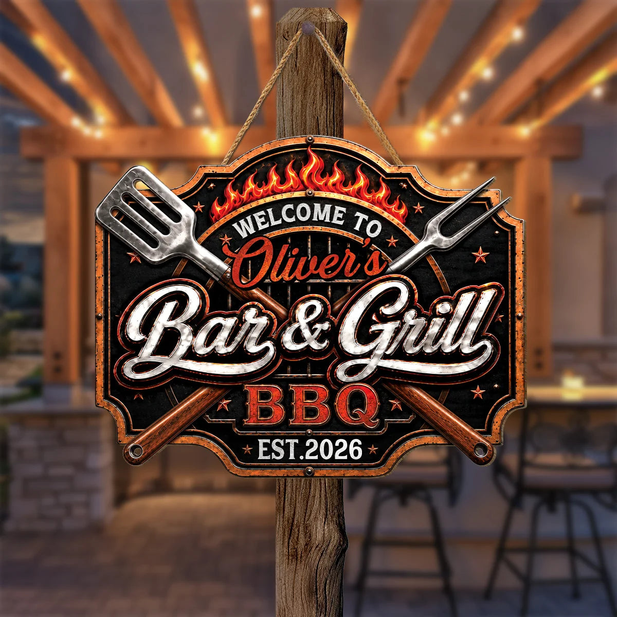 Welcome to Grill and Chill BBQ Personalized Wood Sign - Custom Backyard Patio Decor