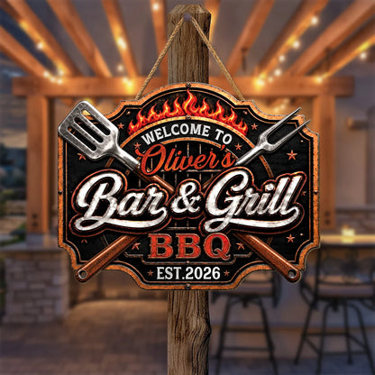 Welcome to Grill and Chill BBQ Personalized Wood Sign - Custom Backyard Patio Decor