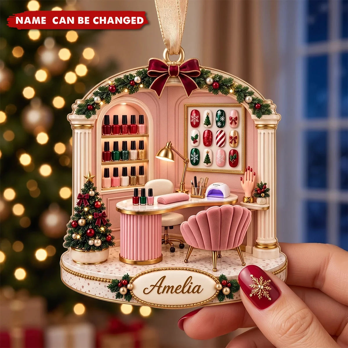 Nail Tech Salon Workstation Personalized Wooden Ornament - Christmas Gift for Manicurist