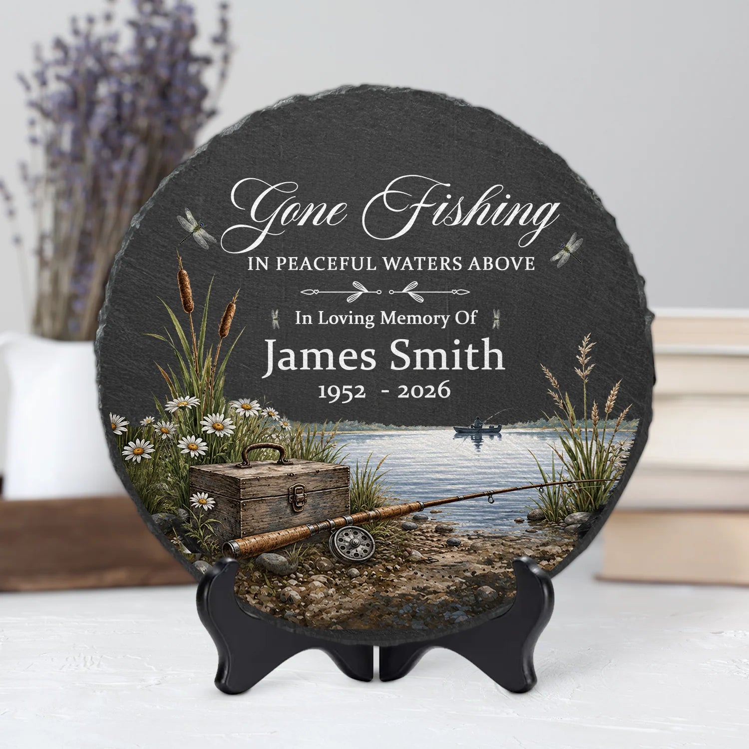Gone Fishing In Peaceful Waters Above - Personalized Fishing Memorial Garden Stone