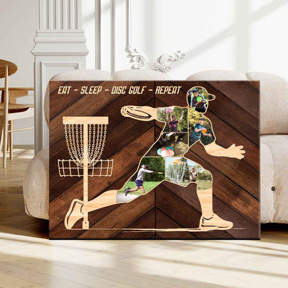"Eat Sleep Disc Golf Repeat" Personalized Photo Collage Canvas / Poster - Custom Gift for Disc Golfers