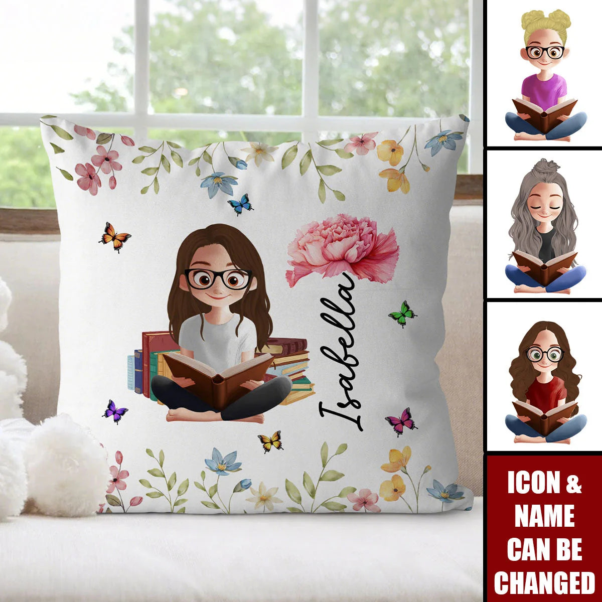 Birth Flower Book Lover Girl Personalized Pillow - Custom Reading Gift for Bookworms