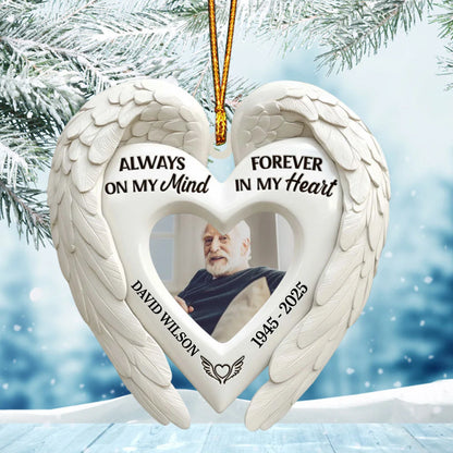 Always On My Mind Personalized Angel Wings Wooden Ornament - Custom Memorial Photo Keepsake for Family