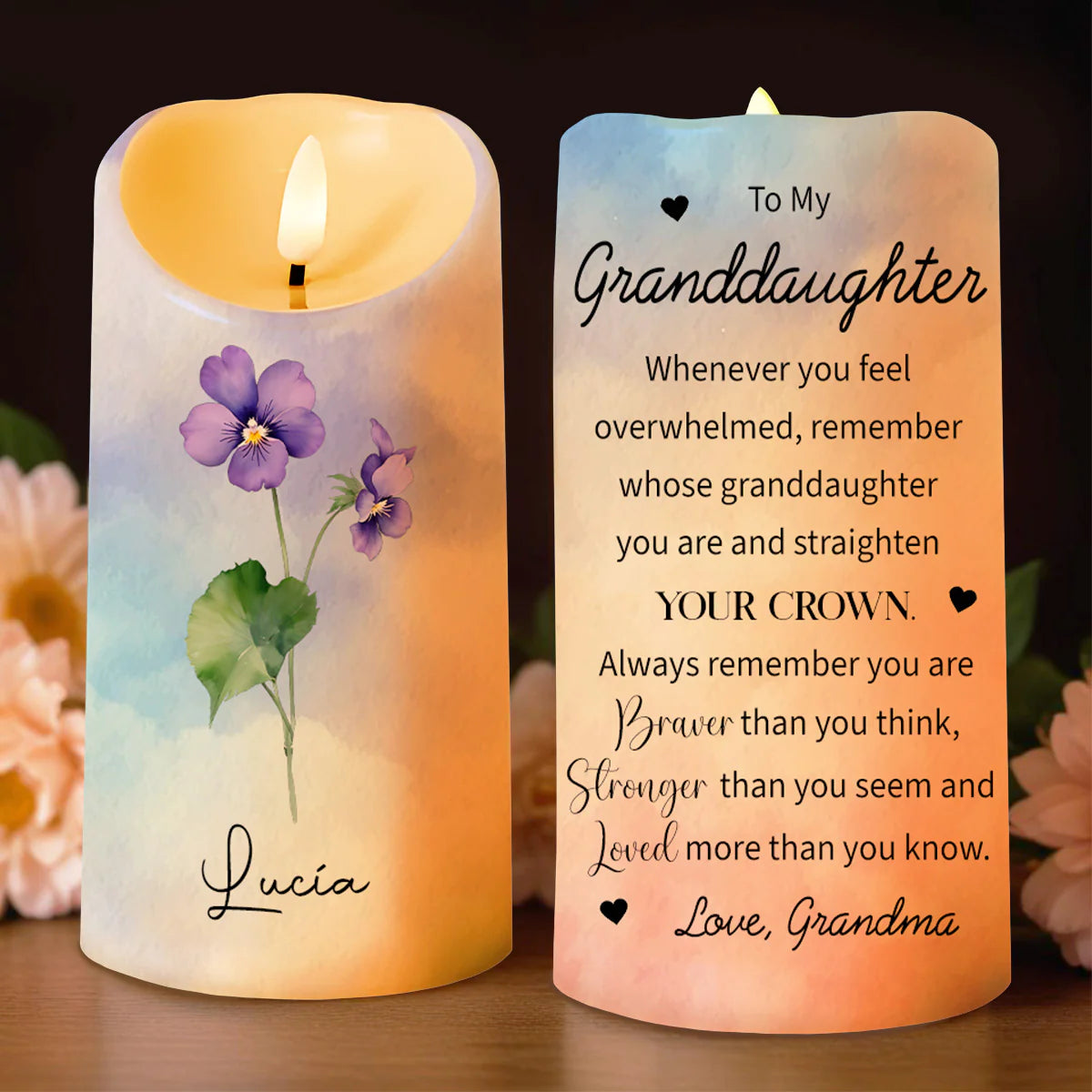 Personalized granddaughter LED candle with purple flower design and inspirational crown message from grandma