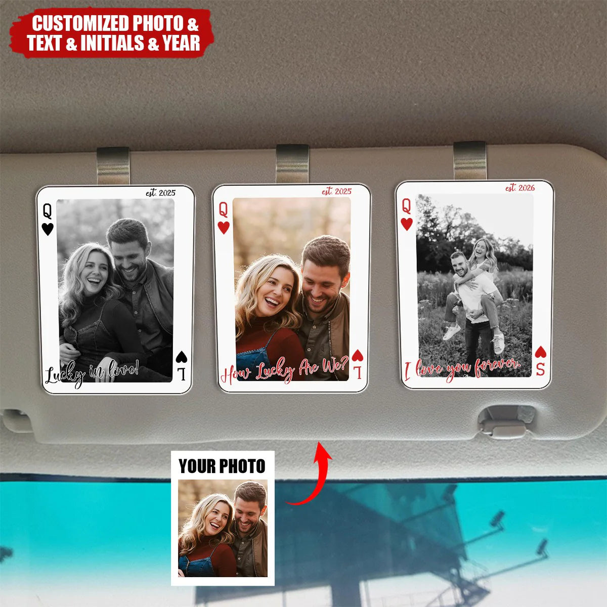 Custom photo playing card car visor clip for couples personalized drive safe anniversary gift