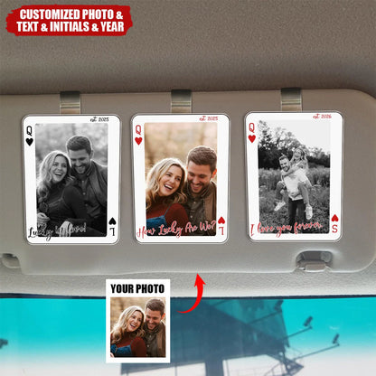 Custom photo playing card car visor clip for couples personalized drive safe anniversary gift