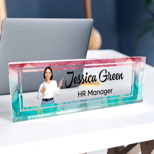 Personalized desk name plate with custom photo and office title printed on clear acrylic block sign