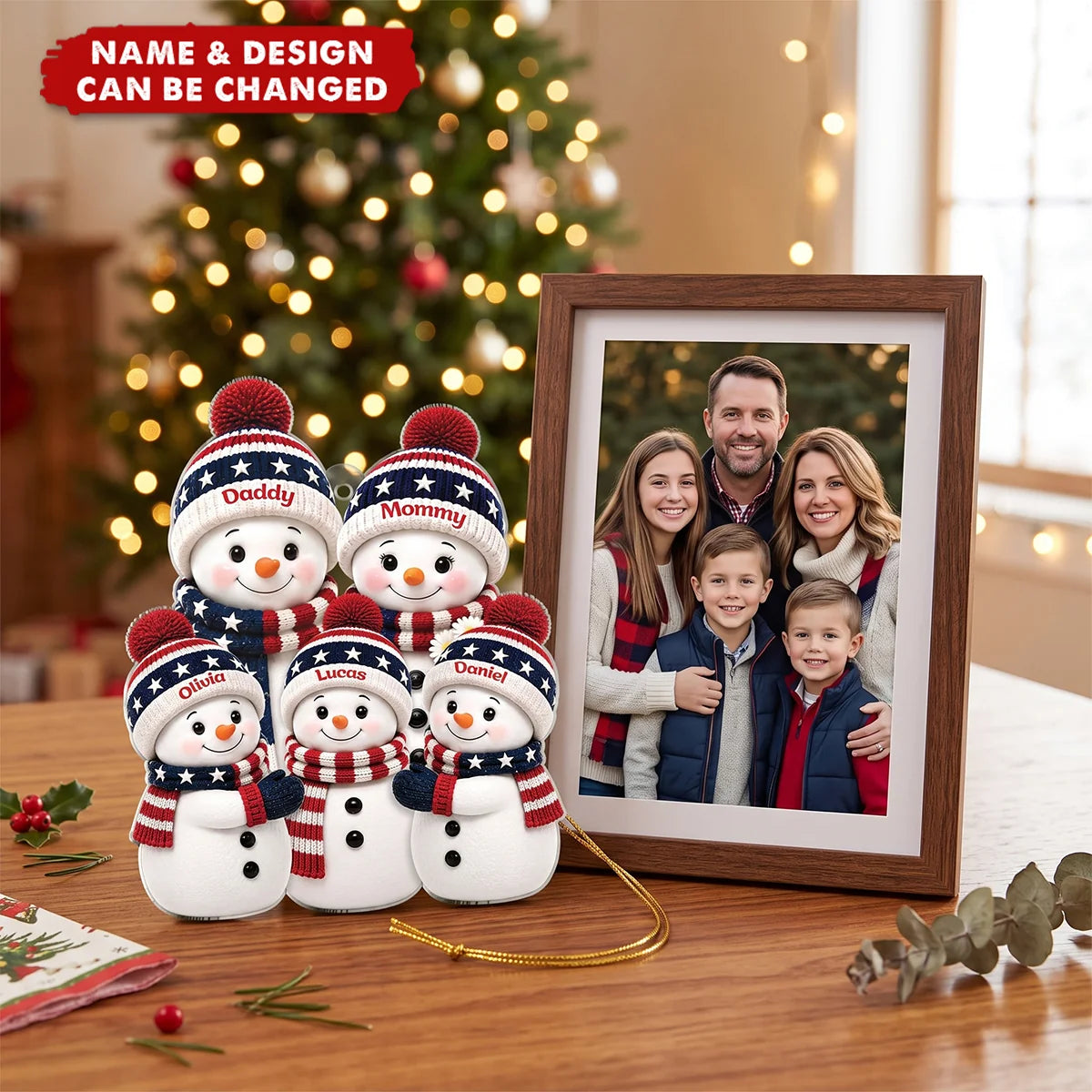 Patriotic Snowman Family Personalized Acrylic Ornament - Custom Names Christmas Keepsake for Family