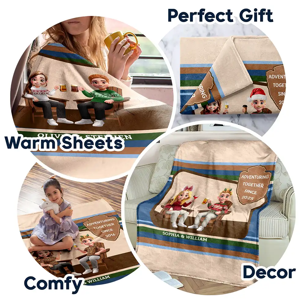 Gift For Couples,Travel,Happy - 3D Effect Travel Couple Adventure Together Since - Personalized Fleece Blanket, Sherpa Blanket