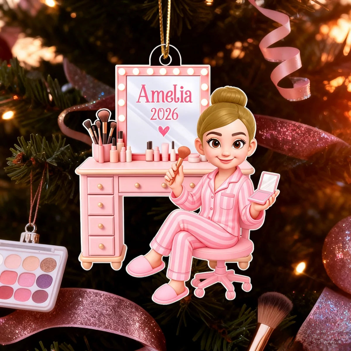 Personalized Pink Makeup Acrylic Ornament - Custom Vanity Christmas Gift for Daughter & Granddaughter