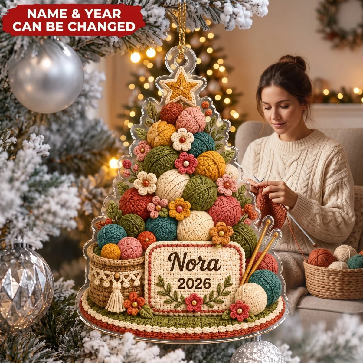 Yarn Christmas Tree Personalized Acrylic Ornament - Craft Holiday Gift for Crochet Lovers