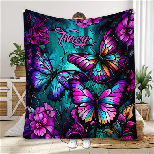 Personalized butterfly blanket with custom name Tracy print - unique colorful throw gift for her