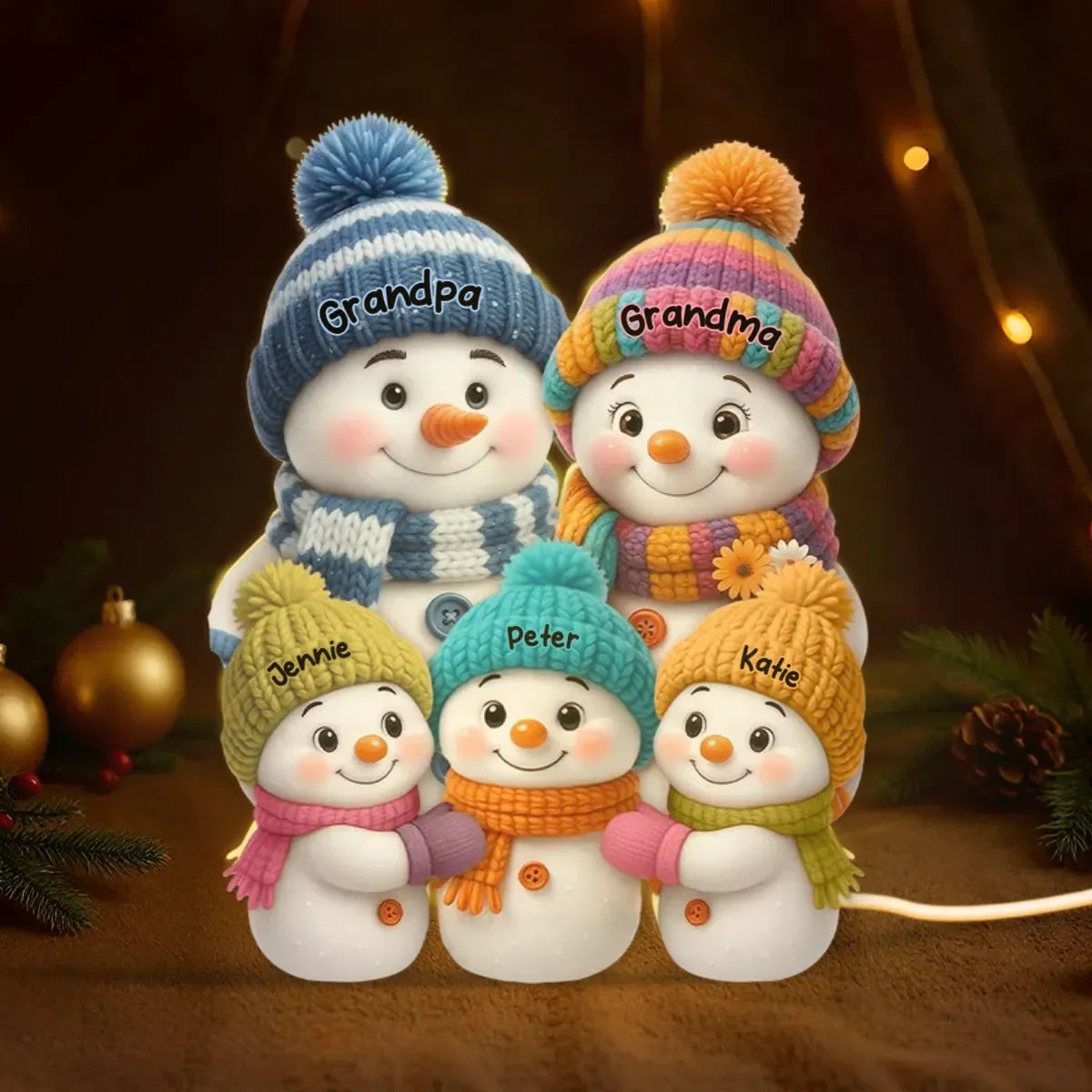 Custom Snowman Family Acrylic Light Box - Personalized Night Light for Grandma Grandpa