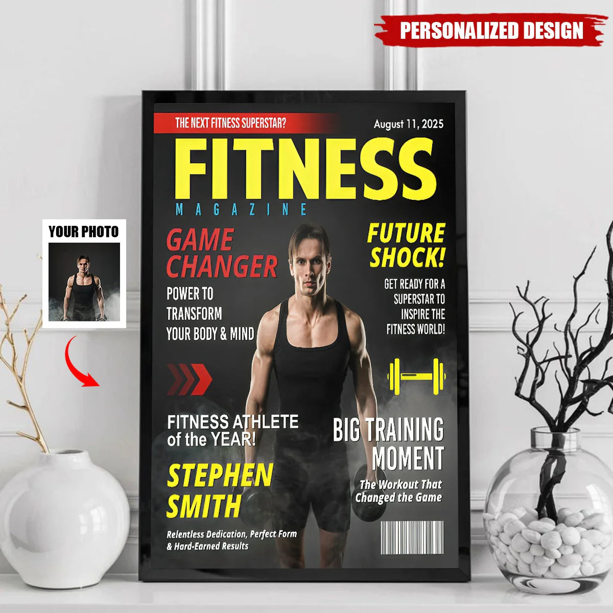 Custom fitness magazine cover poster featuring a personalized photo and name print for gym lover motivation wall art image 6