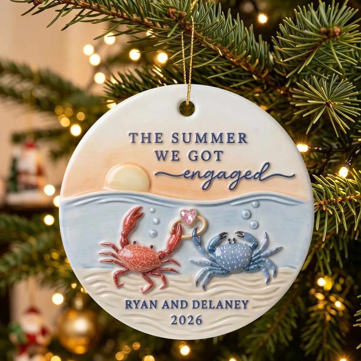 "The Summer We Got Engaged" Crab Ceramic Ornament - Custom Beach Proposal Keepsake for Couples