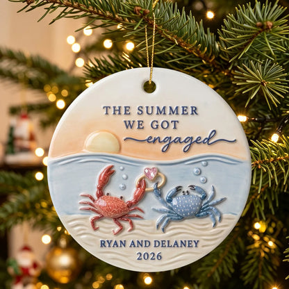 "The Summer We Got Engaged" Crab Ceramic Ornament - Custom Beach Proposal Keepsake for Couples