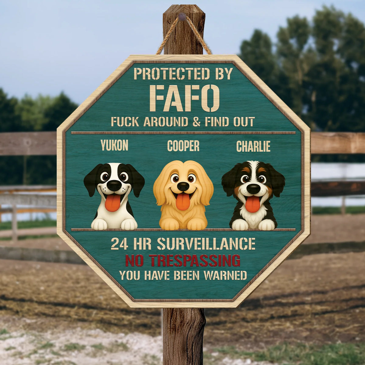 Protected By FAFO Custom Dog Wood Sign - Personalized No Trespassing Door Hanger Gift for Dog Lovers