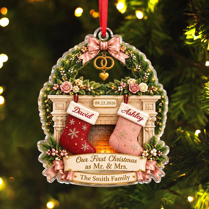Our First Christmas as Mr. & Mrs. Custom Names Acrylic Ornament - Personalized Newlywed Keepsake Gift for Couples, Husband Wife