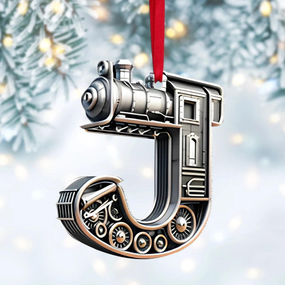 Vintage Steam Train Initial Personalized Acrylic Ornament - Custom Christmas Tree Decor