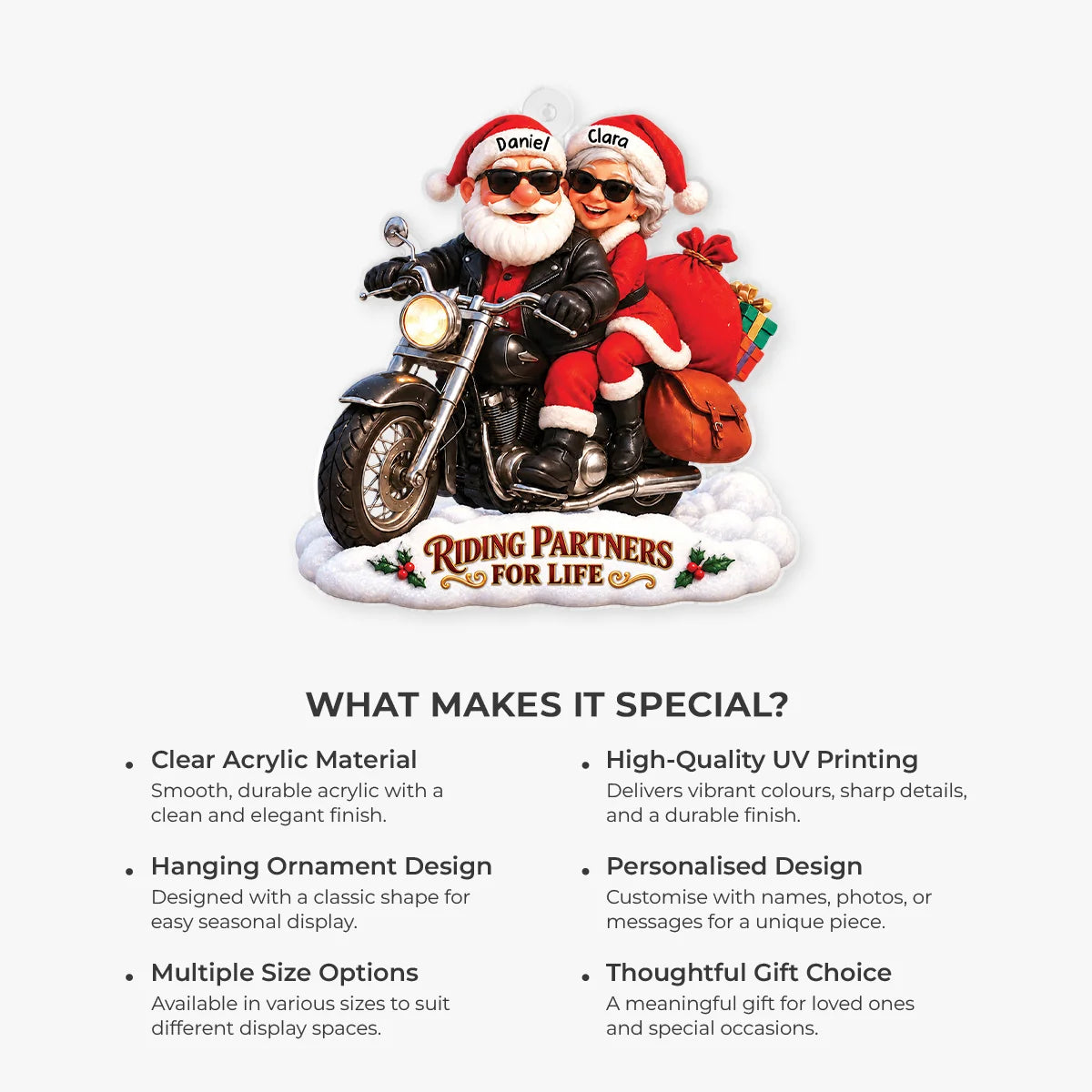 Riding Partners For Life Personalized Couple Acrylic Ornament - Biker Santa Christmas Gift