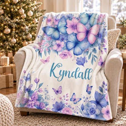 Personalized Butterfly Blanket with Custom Name - Floral Birthday Gift for Daughter or Granddaughter